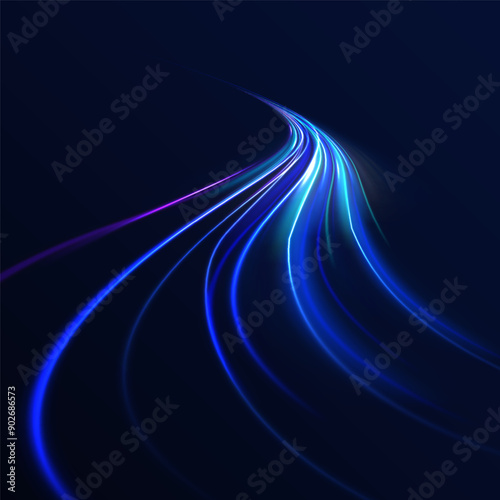 Light motion effect, slow shutter of traffic. High tech concept with luminous arrows moving to side. Speed connection vector background. Neon color glowing lines.