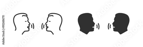 Two man talk icon vector graphic illustration set line outline stroke simple and solid black white cut out heads pictogram, persons speaking shape silhouette image clip art