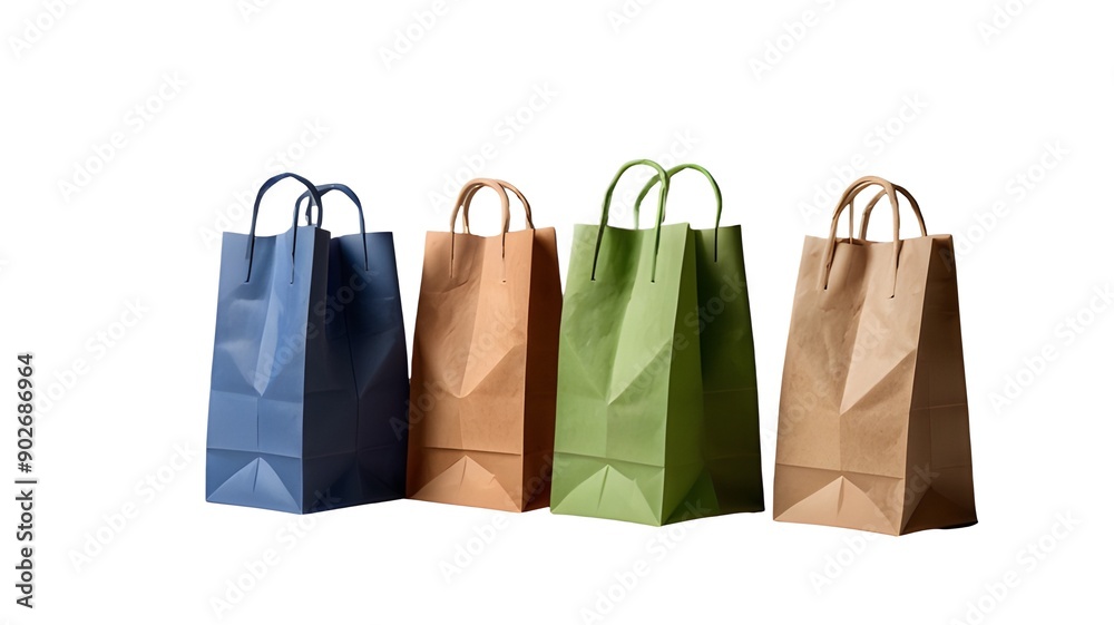 Set of eco friendly paper bags in different colours isolated on transparent background. Generative AI Set of eco friendly paper bags in different colours isolated on transparent background. Generative AI