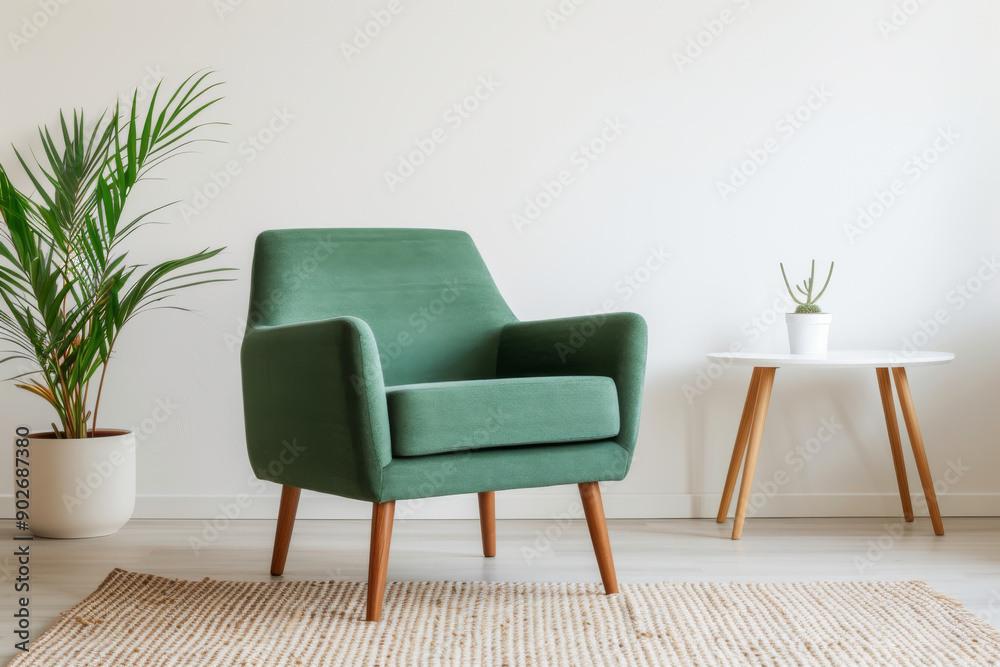 A stylish green armchair in a minimalist room with a plant, perfect for modern interior design and cozy living spaces. A stylish green armchair in a minimalist room with a plant, perfect for modern interior design and cozy living spaces.