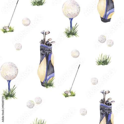 seamless pattern with golf bags, clubs, balls,