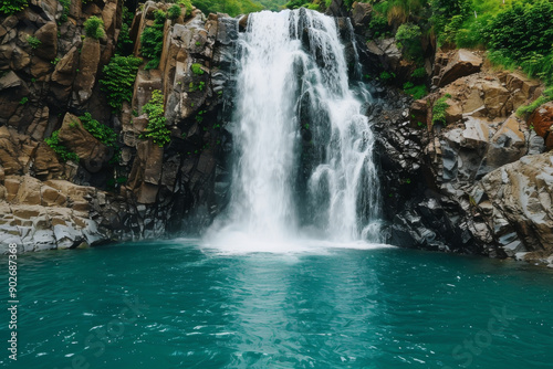 A stunning waterfall cascading into a turquoise pool, surrounded by lush greenery and rocky formations, perfect for nature lovers.