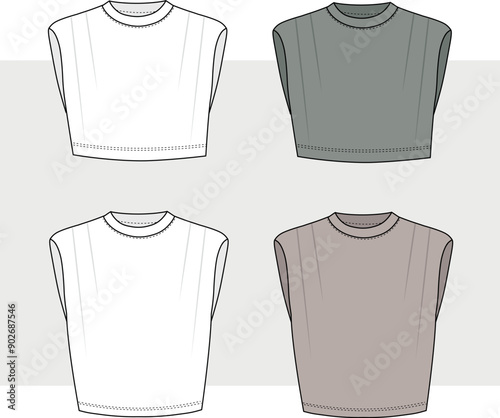Isolated sleeveless jersey crop top - t shirt set with a round neck and shoulder pads. Fashion Cad design. Flat sketches technical drawings Illustrator vector template.