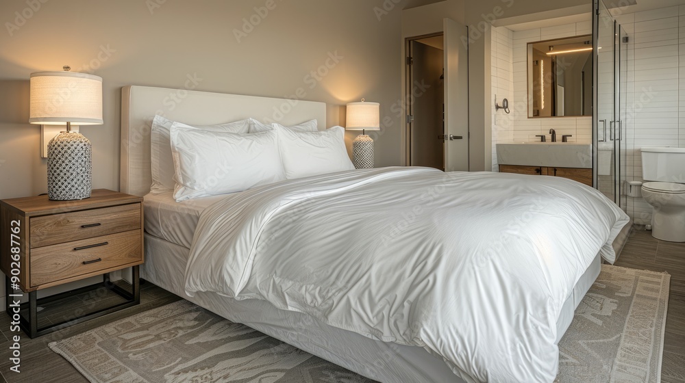 A guest bedroom with a queen-sized bed, crisp white linens, a stylish nightstand with a lamp, and an en-suite bathroom with modern fixtures. A guest bedroom with a queen-sized bed, crisp white linens, a stylish nightstand with a lamp, and an en-suite bathroom with modern fixtures.