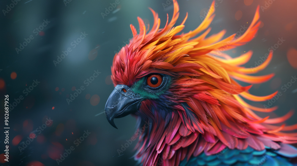 Vibrant and colorful bird with fiery feathers, showcasing intricate details and a captivating gaze in a mystical forest setting. Vibrant and colorful bird with fiery feathers, showcasing intricate details and a captivating gaze in a mystical forest setting.