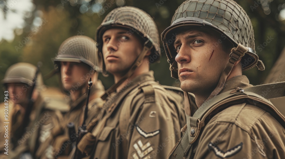 A historical reenactment with soldiers in World War II uniforms A historical reenactment with soldiers in World War II uniforms