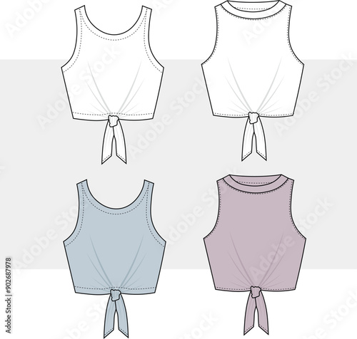 Knotted Hem Tank Top cropped  set Crew Neck knot tie fashion flat sketch technical drawing template design vector