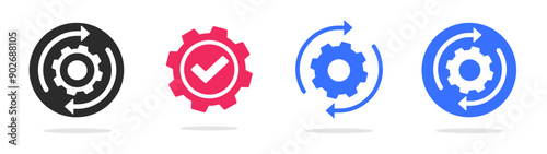 Gear cogwheel check mark icon as maintenance vector graphic simple pictogram set, blue red black turning rotating procedure arrows, automation symbol, execute ui ux design image clip art