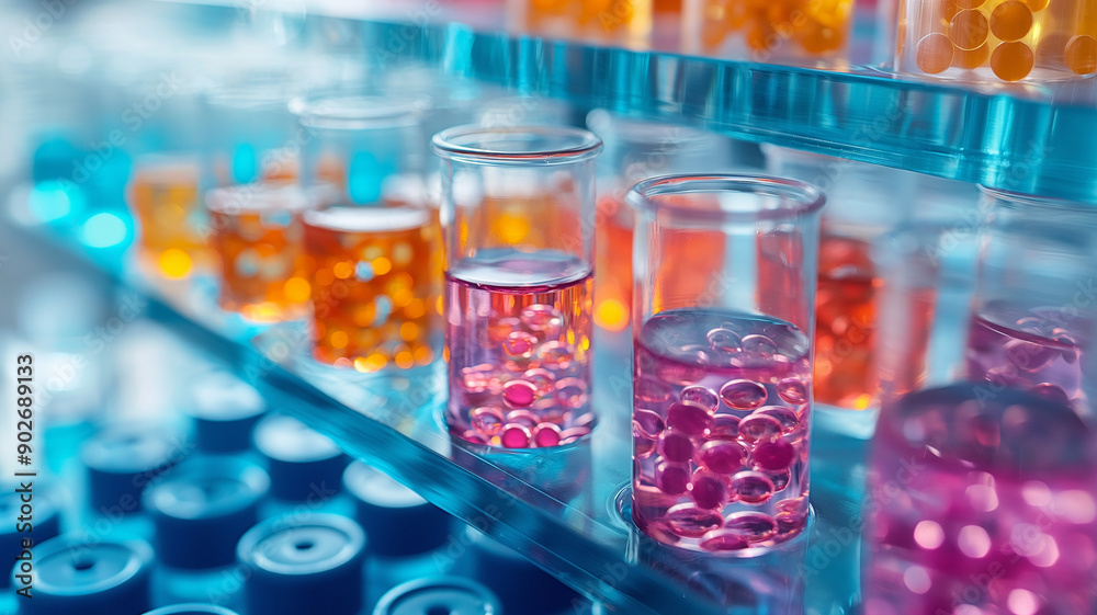 Colorful Liquids and Pills in Test Tubes in Laboratory Setting Colorful Liquids and Pills in Test Tubes in Laboratory Setting