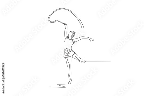 Woman training for gymnastics using ribbon. Olympics gymnastics concept one-line drawing