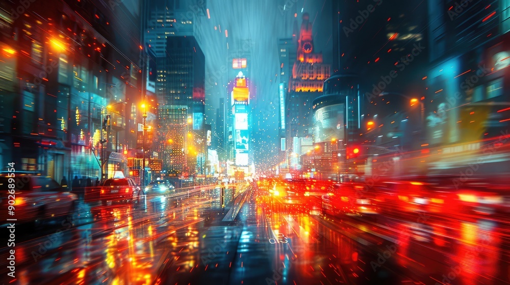 Obraz premium Hyper-Detailed Abstract Cityscape with Blurred Lights and Long Exposure Capturing a Dynamic Urban Scene