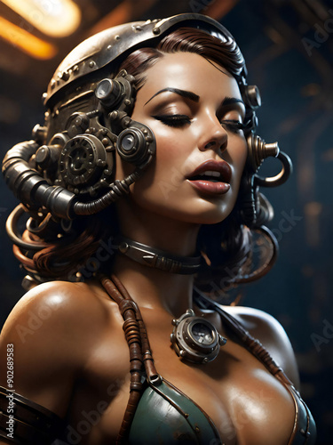 futuristic woman in a steampunk suit, generative ai illustration, dark background