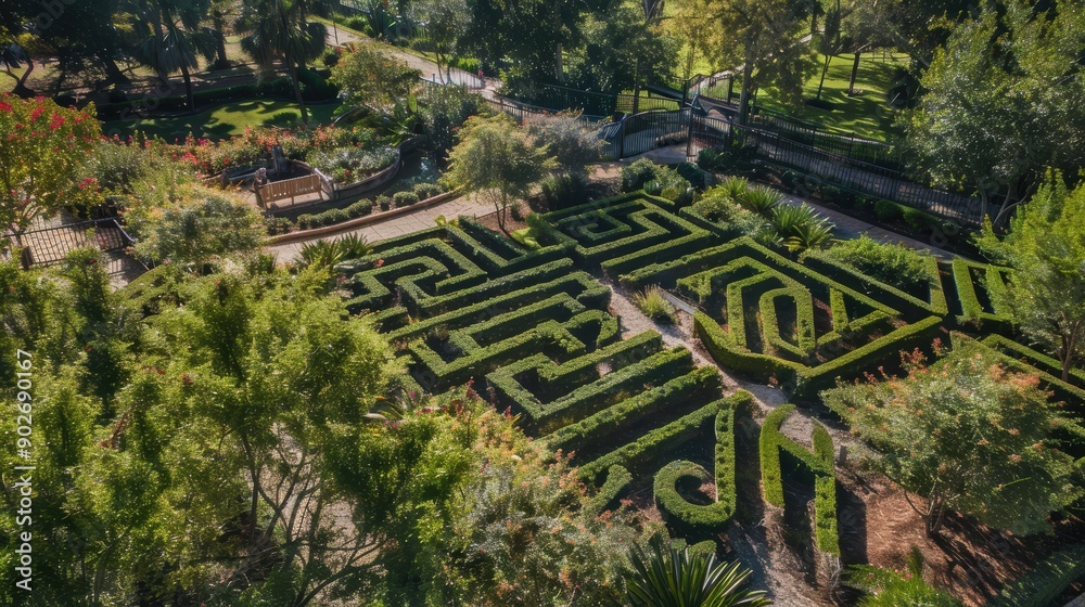 Captivating patterns: a bird's-eye view of a complex hedge maze design in a sun-drenched park, surrounded by lush greenery Captivating patterns: a bird's-eye view of a complex hedge maze design in a sun-drenched park, surrounded by lush greenery