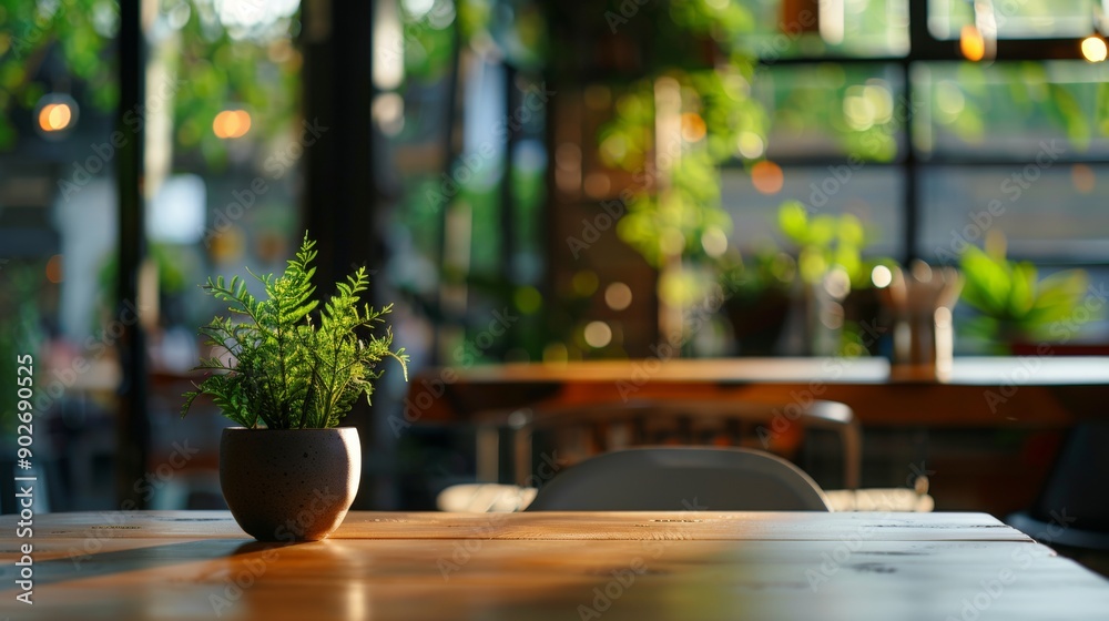 Potted plant on wooden table Potted plant on wooden table