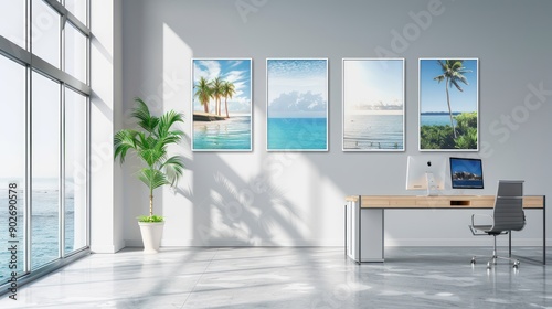 Travel agency office with posters promoting vacations and airport transfers photo