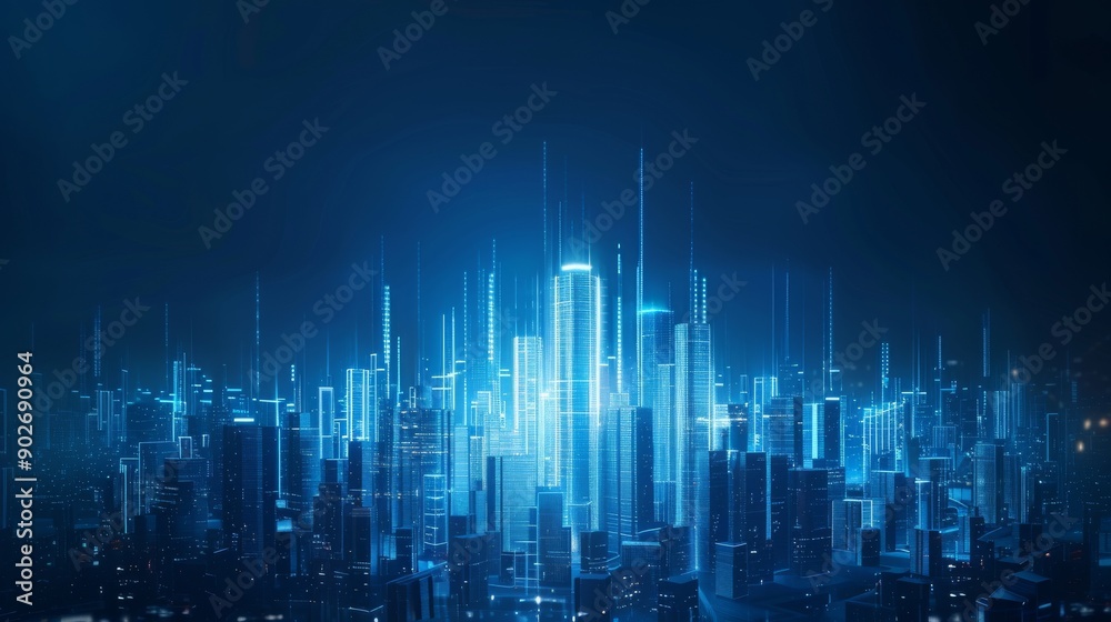 Futuristic Digital Cityscape with Neon Blue Lights and Data Streams - Concept of Technological Advancement and Connectivity