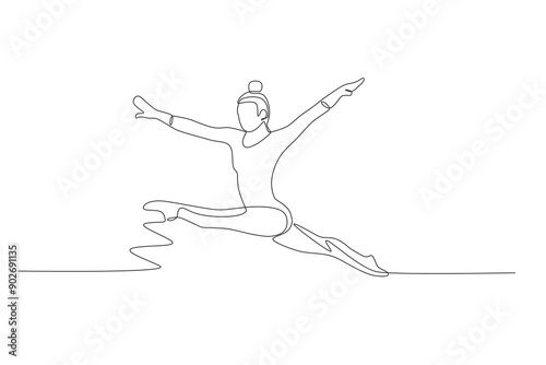 Women in gymnastics competitions. Olympics gymnastics concept one-line drawing