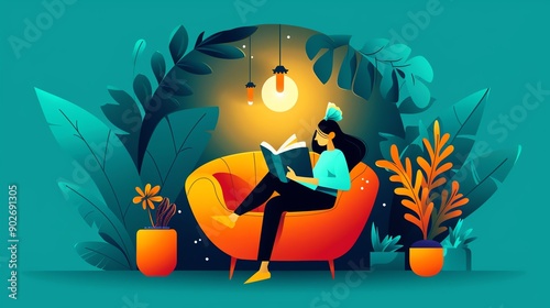 Woman reading a book in a cozy nook with plants, selfdevelopment, gaining knowledge and nurturing growth