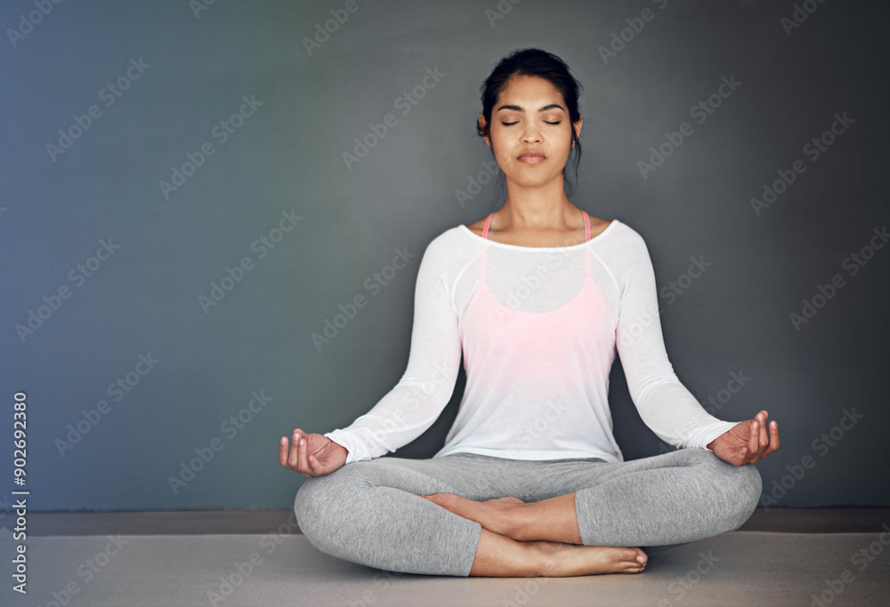 Meditation, woman and calm in home for mindfulness, peace or zen on yoga mat in lounge. Relax, spiritual and female person on floor for wellness and balance for chakra or holistic for mental health Meditation, woman and calm in home for mindfulness, peace or zen on yoga mat in lounge. Relax, spiritual and female person on floor for wellness and balance for chakra or holistic for mental health