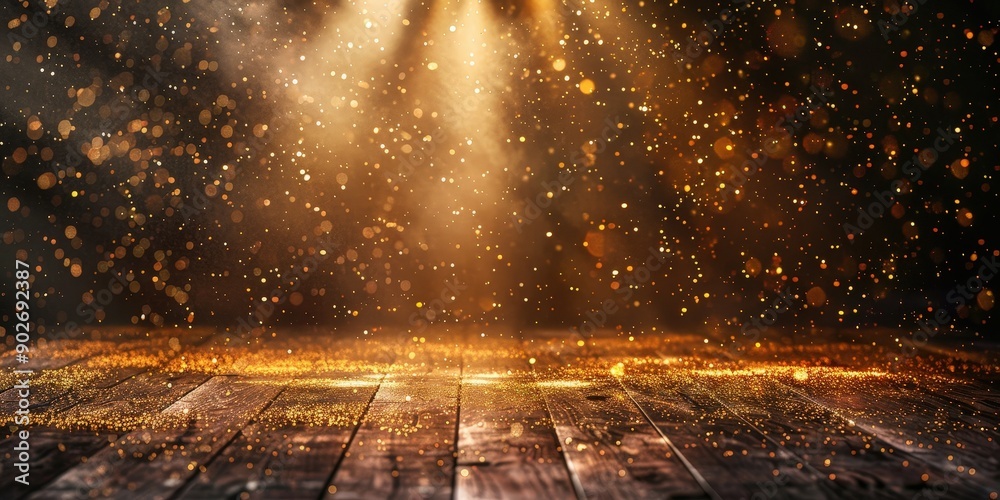 Obraz premium empty stage with golden confetti falling from the sky, golden confetti shower cascading into a festive stage, illuminated by a central light beam, mockup for events such as award ceremonies, 