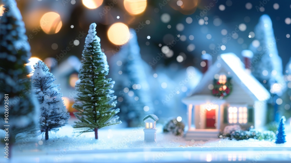 Obraz premium Christmas house in winter snowy forest. Xmas banner and poster. Snow-covered miniature house with warm lights, surrounded by snow and decorated trees, creating a magical winter night scene