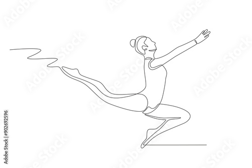 An enthusiastic woman in a gymnastics competition. Olympics gymnastics concept one-line drawing