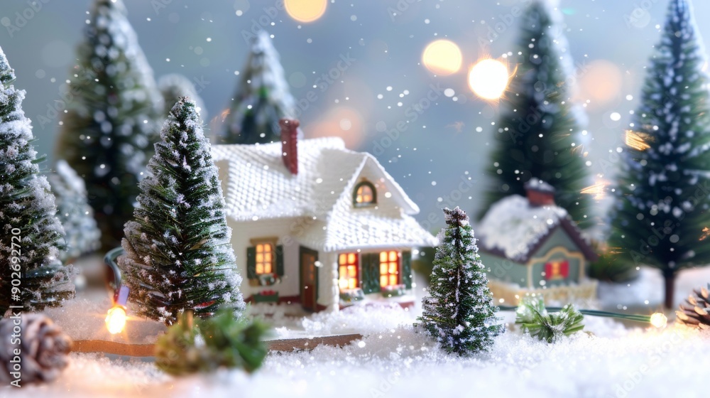 Christmas house in winter snowy forest. Xmas banner and poster. Snow-covered miniature house with warm lights, surrounded by snow and decorated trees, creating a magical winter night scene