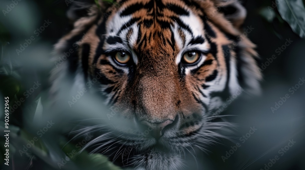 A close-up shot of a tigress intensely gazing through the leaves, with her piercing golden eyes and majestic striped patterning clearly visible, encapsulating the essence of the wild. A close-up shot of a tigress intensely gazing through the leaves, with her piercing golden eyes and majestic striped patterning clearly visible, encapsulating the essence of the wild.