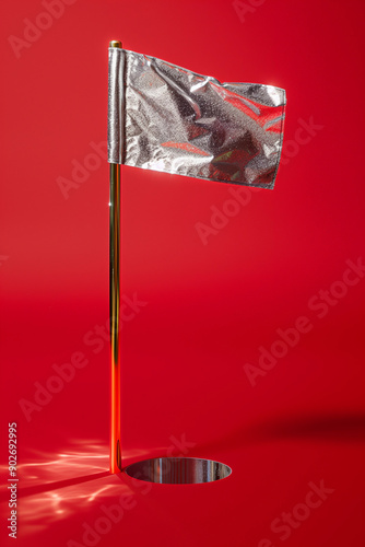 Silver flag bold red background modern minimalist golf tournament course victory clean fresh premium sleek design Golfing ad campain young trendy banner background advert golfer competition hole photo