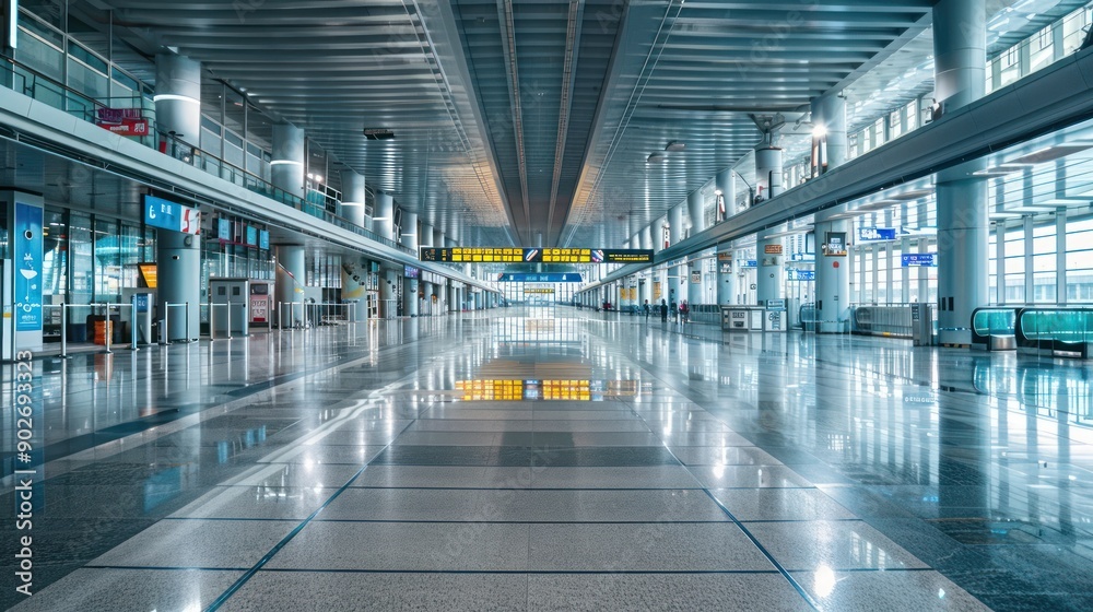 Empty airport terminal concourse during off-peak hours Empty airport terminal concourse during off-peak hours