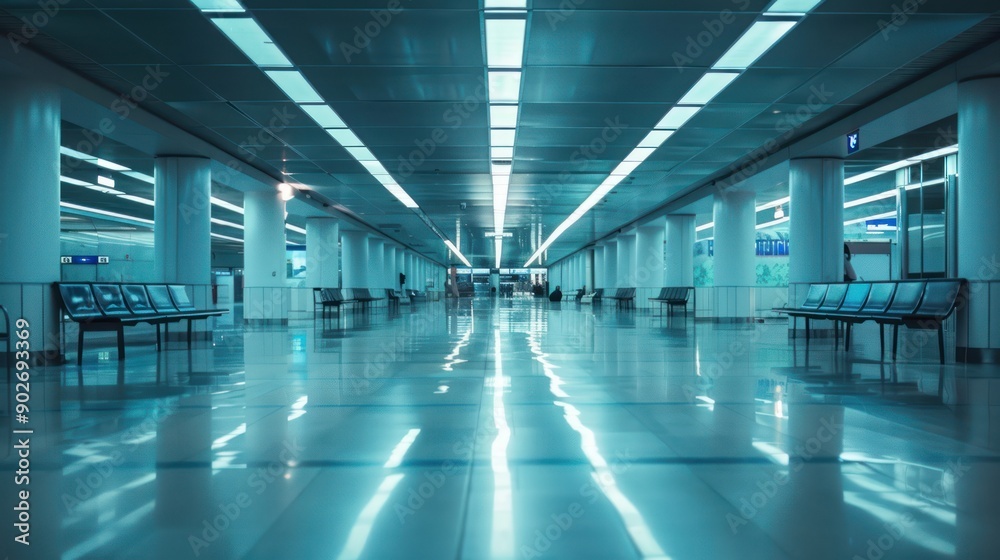 Empty airport terminal concourse during off-peak hours Empty airport terminal concourse during off-peak hours