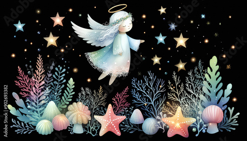 Watercolor drawing of a little sea angel at Christmas in black background. photo