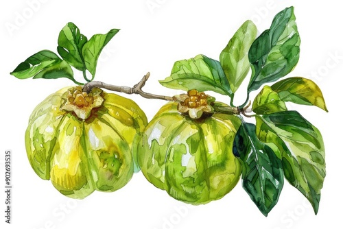 Hand Drawn Watercolor Illustration of Fresh Garcinia Cambogia Atroviridis Fruit, a Superfood Antioxidant photo