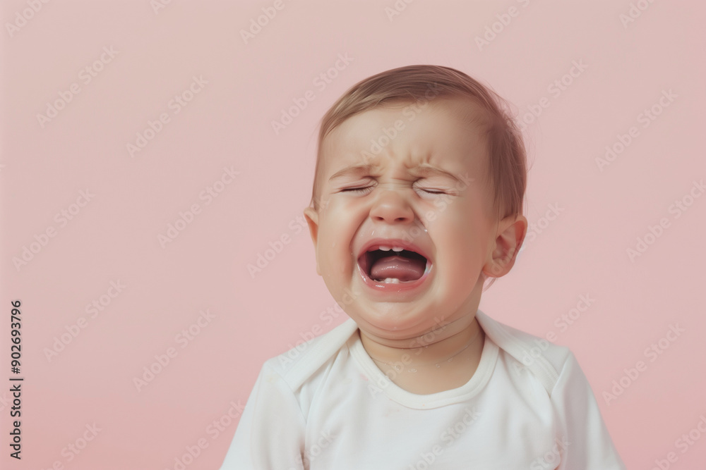 Crying toddler baby isolated on pink studio background: unhappy and dissatisfied child showing frustration, hungry and upset, nervous face expression, negative emotion Crying toddler baby isolated on pink studio background: unhappy and dissatisfied child showing frustration, hungry and upset, nervous face expression, negative emotion