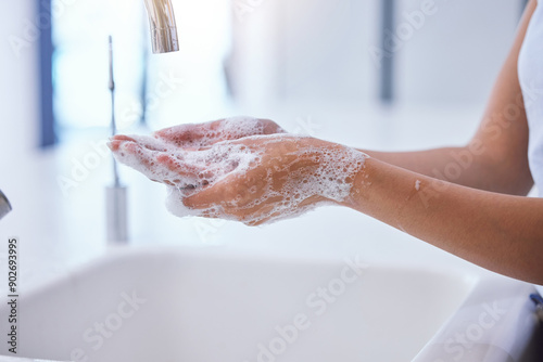Canvastavla Washing hands, foam and faucet in bathroom, home and cleaning for hygiene, health and stop bacteria