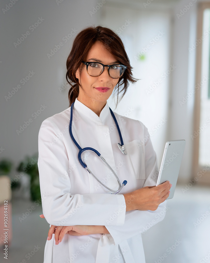 Brunette haired female doctor standing at the hospital and holding touchpad in her hand Brunette haired female doctor standing at the hospital and holding touchpad in her hand