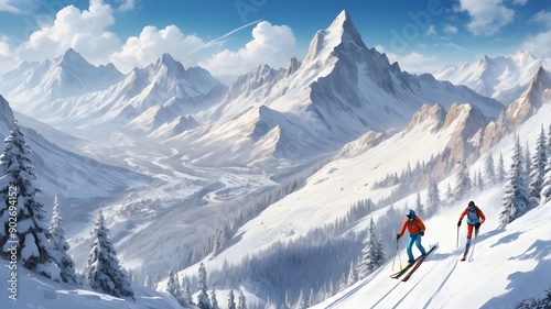 skiers on mountain trails with beautiful panoramas
