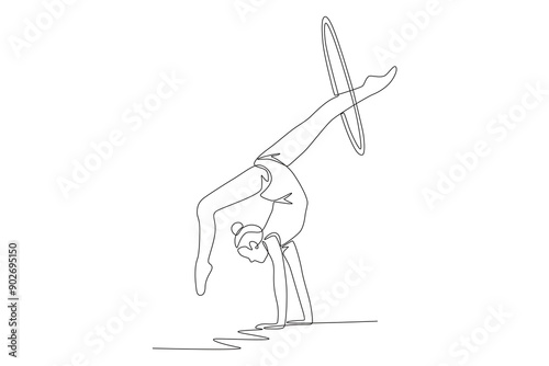 Female gymnastics athlete using hula hoop. Olympics gymnastics concept one-line drawing