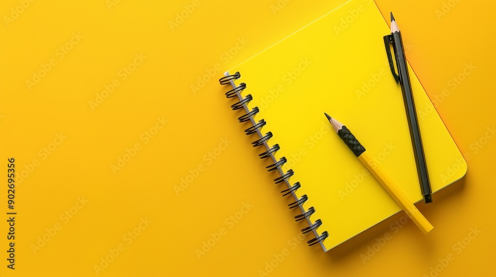 An overhead view of office stationery equipment on a bright yellow background showcases a vibrant and organized workspace. An overhead view of office stationery equipment on a bright yellow background showcases a vibrant and organized workspace.