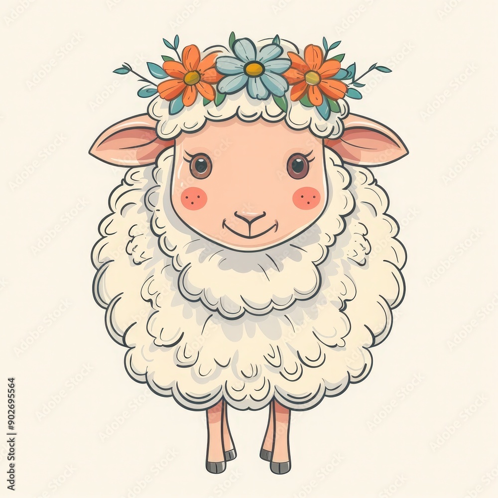Cute cartoon sheep adorned with a floral crown, perfect for spring themes, nursery decor, or children's illustrations. Cute cartoon sheep adorned with a floral crown, perfect for spring themes, nursery decor, or children's illustrations.