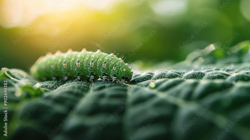 Naklejka premium A green caterpillar crawling on a dew-covered leaf, beautifully captured in the soft, morning light. The detailed textures and delicate dewdrops emphasize the fragility of nature.
