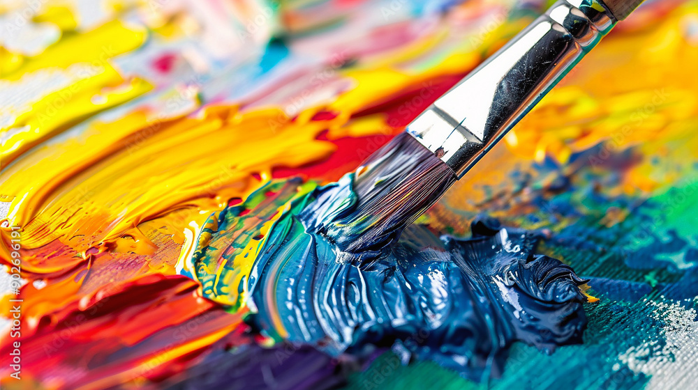 Paint brushes and palette of colors on a colorful background close up