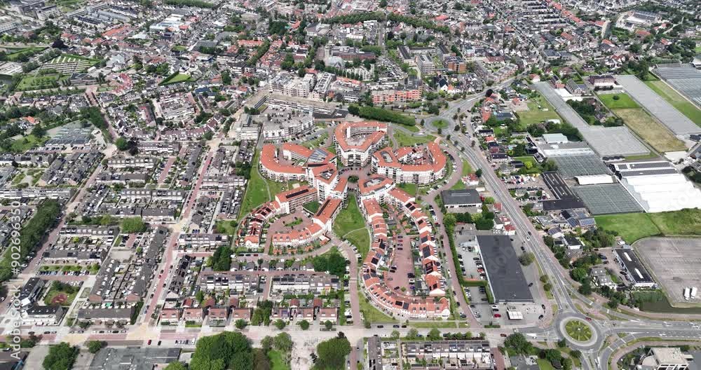 Residential building in the shape of a flower, De Bloem, The Netherlands, Rijnsburg. Aerial drone view.