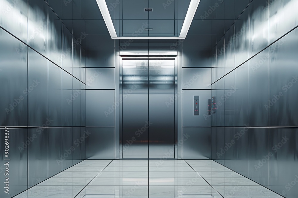 A modern elevator with a glass door in a high-rise building A modern elevator with a glass door in a high-rise building