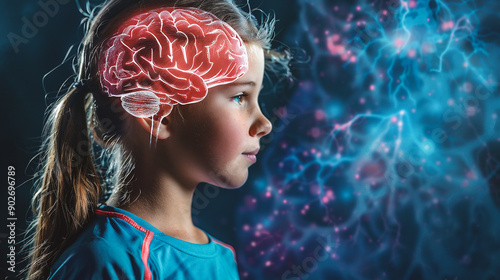 Childhood, science, education and people concept - close up of little girl with brain over dark background