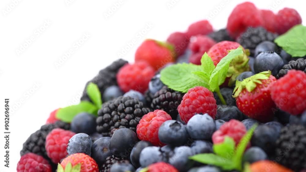 Berries. Various colorful berries rotating on white background. Mint leaves, Strawberry, Raspberry, Blackberry, Blueberry close-up border, isolated on white. Bio Fruits, Healthy eating, diet Berries. Various colorful berries rotating on white background. Mint leaves, Strawberry, Raspberry, Blackberry, Blueberry close-up border, isolated on white. Bio Fruits, Healthy eating, diet