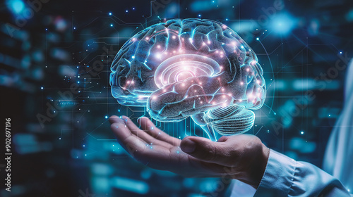 View of a doctor holding brain in digital interface