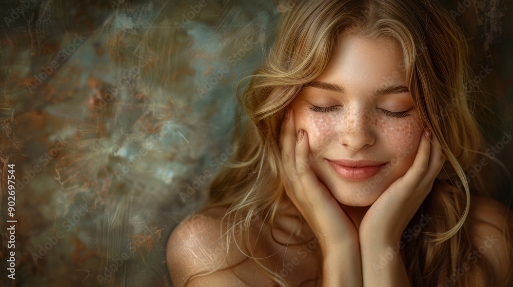 A serene portrait of a young woman with blonde hair and freckles, smiling gently with closed eyes, evoking a sense of peace and contentment. A serene portrait of a young woman with blonde hair and freckles, smiling gently with closed eyes, evoking a sense of peace and contentment.