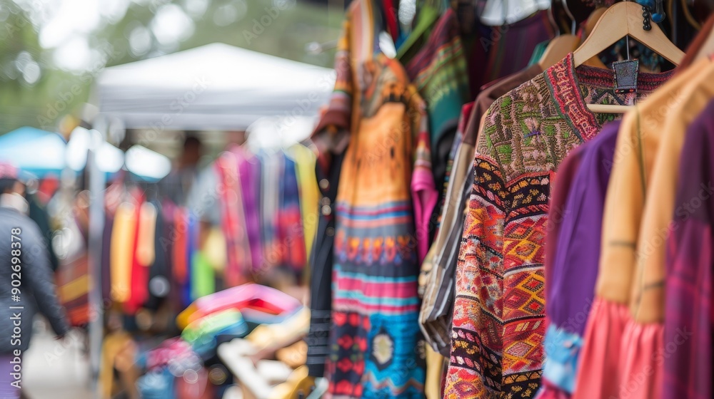 Fototapeta premium Envision a bustling market filled with stalls of handmade clothing.