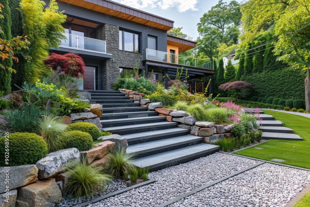 Fototapeta premium Modern house with flower beds and stone path